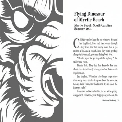 Flying Dinosaur of Myrtle Beach book page with a large graphic of a dinosaur head