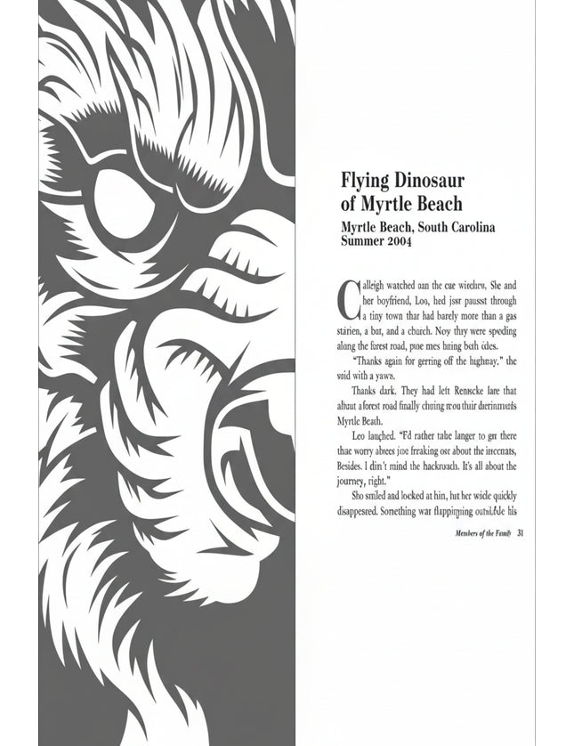 Flying Dinosaur of Myrtle Beach book page with a large graphic of a dinosaur head