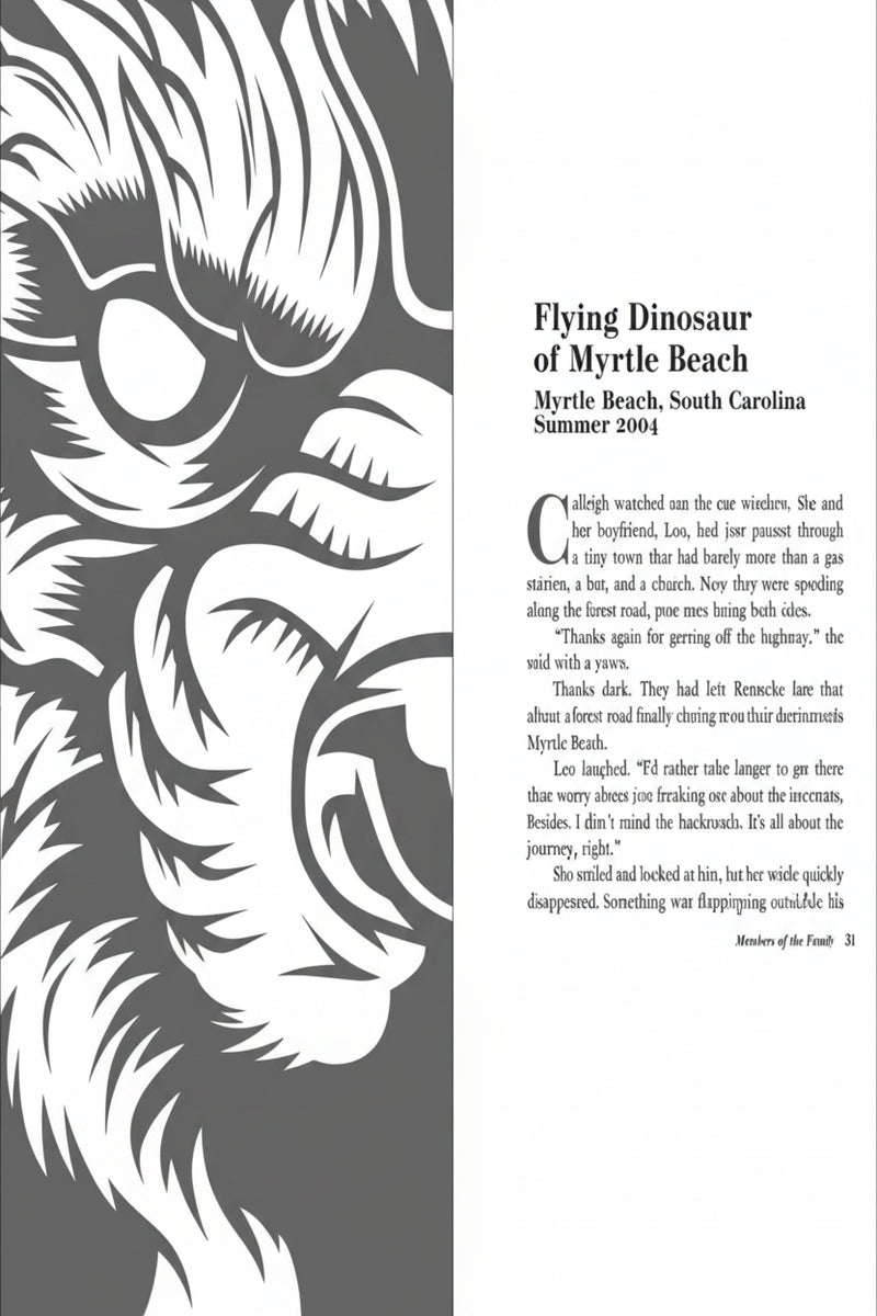 Flying Dinosaur of Myrtle Beach book page with a large graphic of a dinosaur head