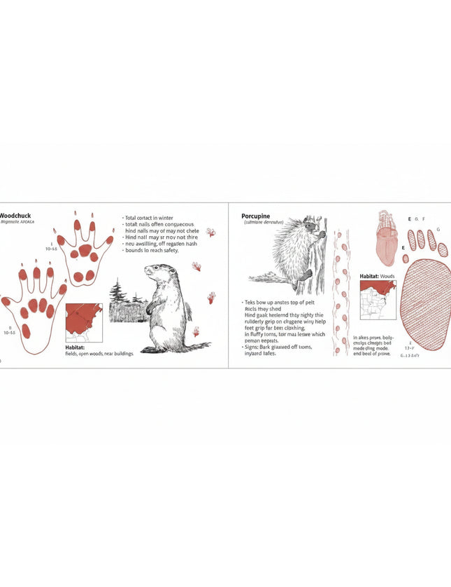 Woodchuck and porcupine tracks, habitat, and physical characteristics