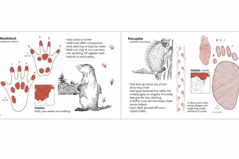 Woodchuck and porcupine tracks, habitat, and physical characteristics