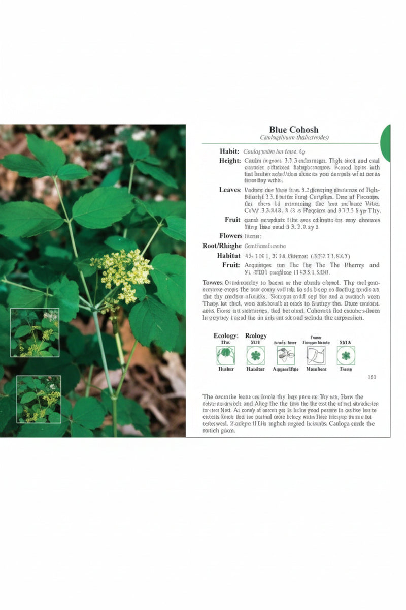 Plant with green leaves and small yellow flowers, next to a white information sheet