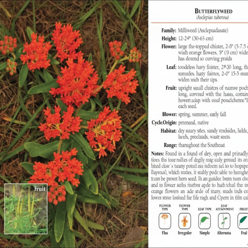 Butterflyweed plant with bright orange flowers and green leaves, with a text description on the right