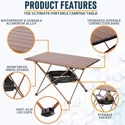 Portable camping table with features highlighted on a white background