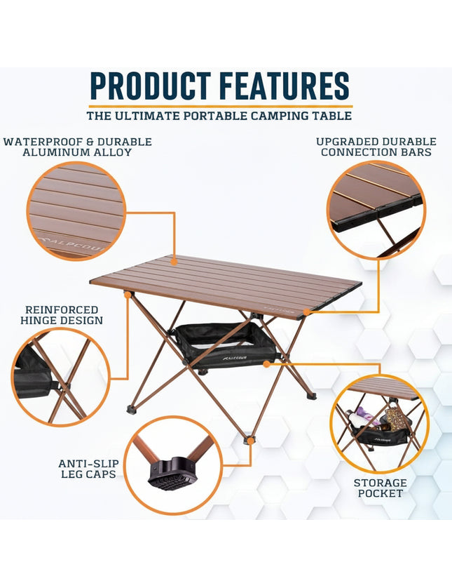 Portable camping table with features highlighted on a white background