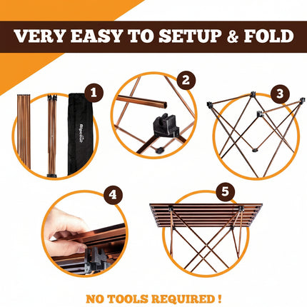Step-by-step guide on how to set up and fold a portable structure with text 'Very easy to setup & fold' and 'No tools required'.