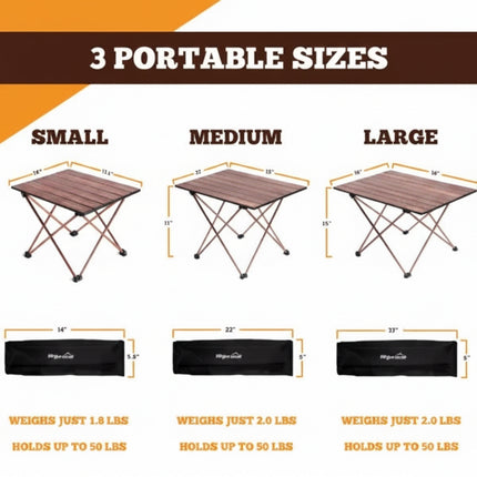 Three portable camping tables in small, medium, and large sizes with dimensions and weight capacities