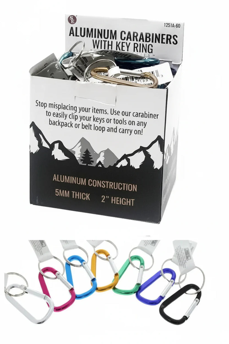 Display box of aluminum carabiners with key rings in various colors, including white, pink, blue, gold, green, purple, and black