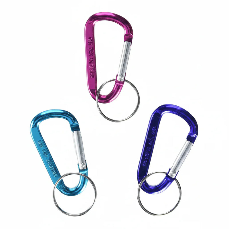 Three carabiner keychains in pink, blue, and purple, each with a silver keyring