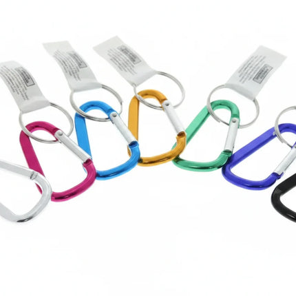 Six carabiner keychains in various colors: silver, pink, blue, gold, green, and black