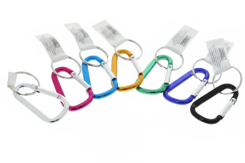 Six carabiner keychains in various colors: silver, pink, blue, gold, green, and black