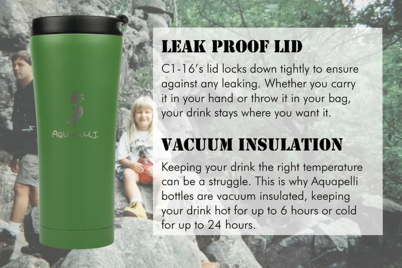 Green Aquapelli tumbler with a black lid, with a man and a child in the background