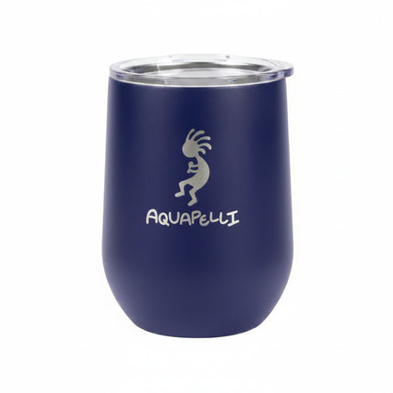 Aquapelli branded navy blue tumbler with a clear lid