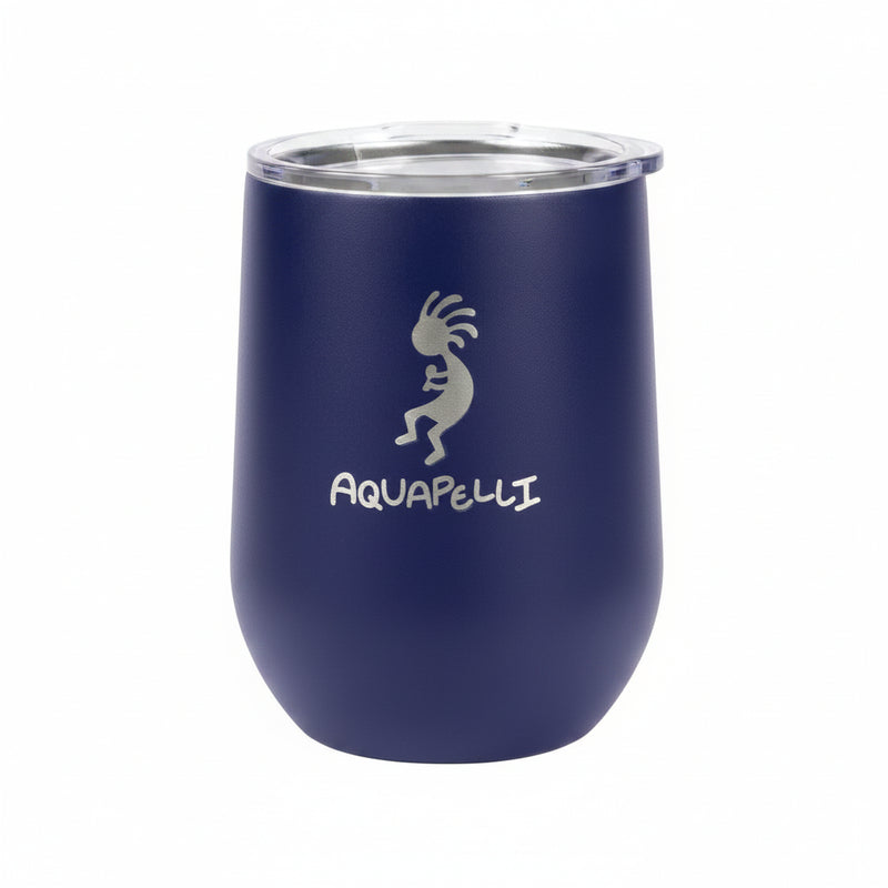 Aquapelli branded navy blue tumbler with a clear lid