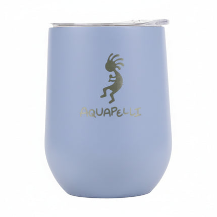 Light blue Aquapelli tumbler with a gold Kokopelli logo and Aquapelli text