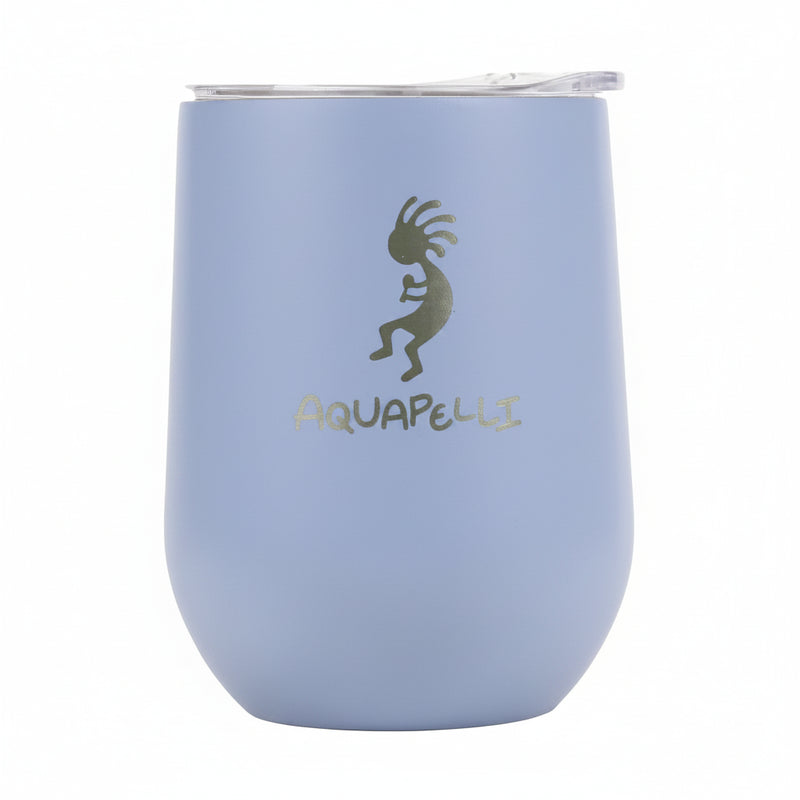 Light blue Aquapelli tumbler with a gold Kokopelli logo and Aquapelli text
