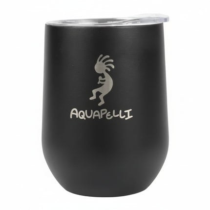 Black Aquapelli tumbler with Kokopelli logo