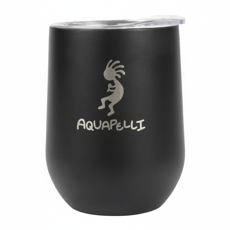 Black Aquapelli tumbler with Kokopelli logo