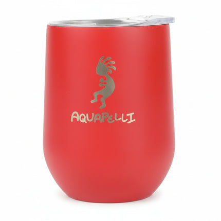 Red Aquapelli tumbler with Kokopelli logo