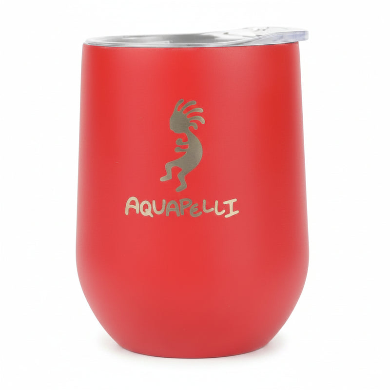 Red Aquapelli tumbler with Kokopelli logo
