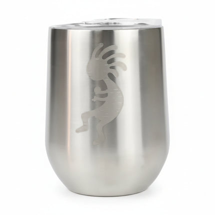 Stainless steel tumbler with a Kokopelli design etched on its side