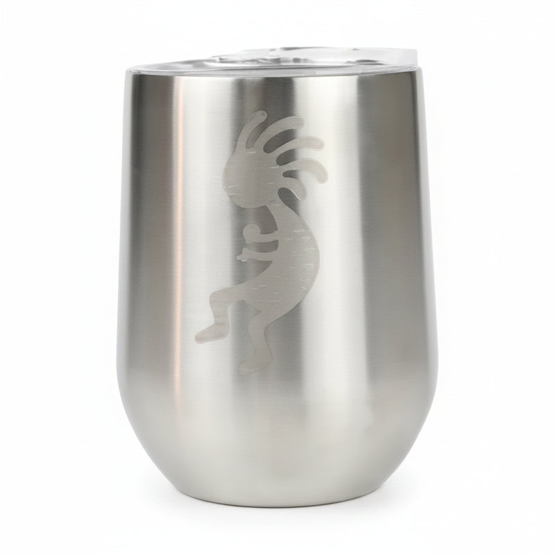 Stainless steel tumbler with a Kokopelli design etched on its side