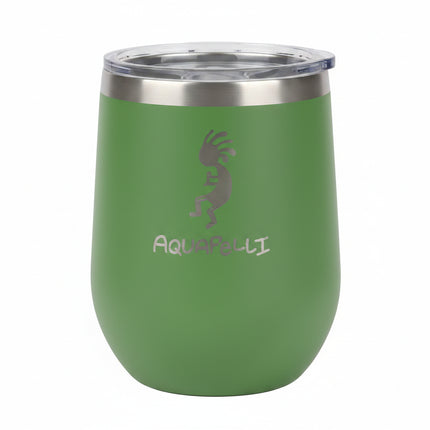 Green Aquafelli tumbler with a Kokopelli design