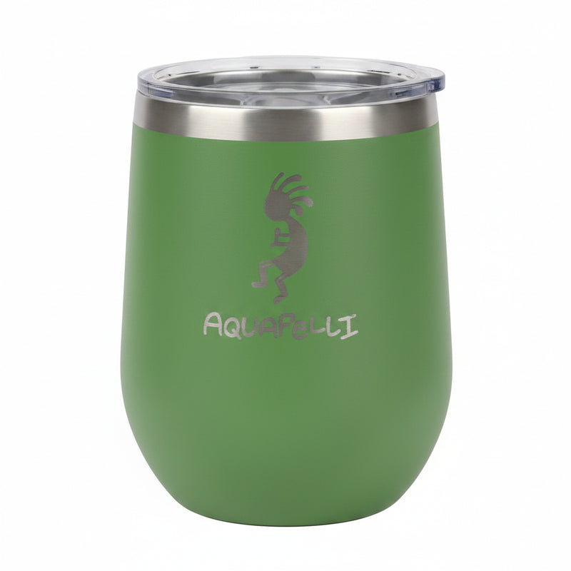 Green Aquafelli tumbler with a Kokopelli design