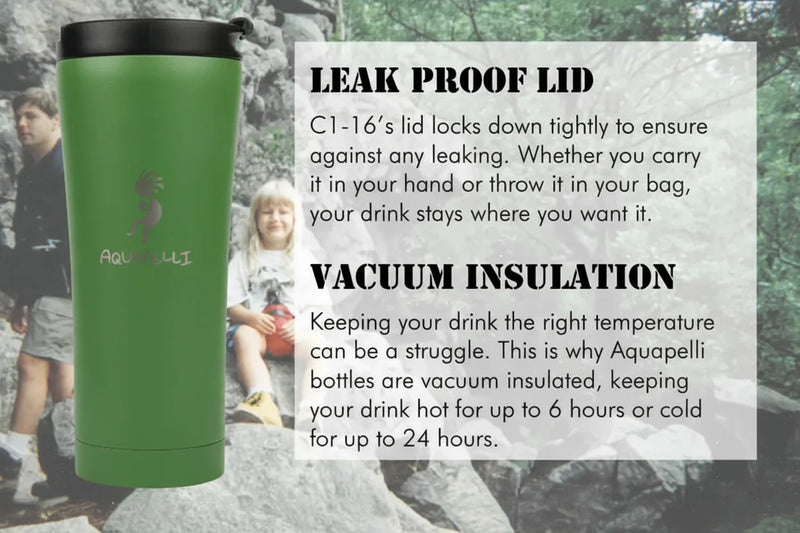Green Aquapelli tumbler with black lid, text describes leak-proof lid and vacuum insulation