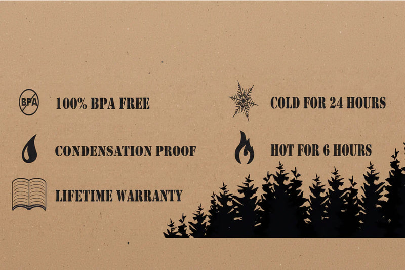 Product features: 100% BPA free, condensation proof, lifetime warranty, cold for 24 hours, hot for 6 hours