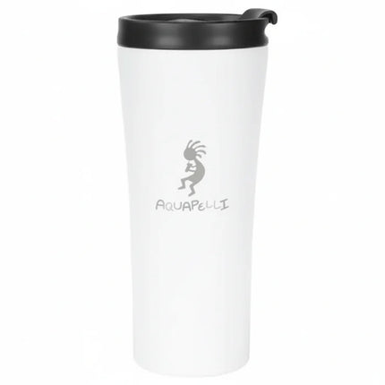 White travel mug with black lid and Aquapelli logo