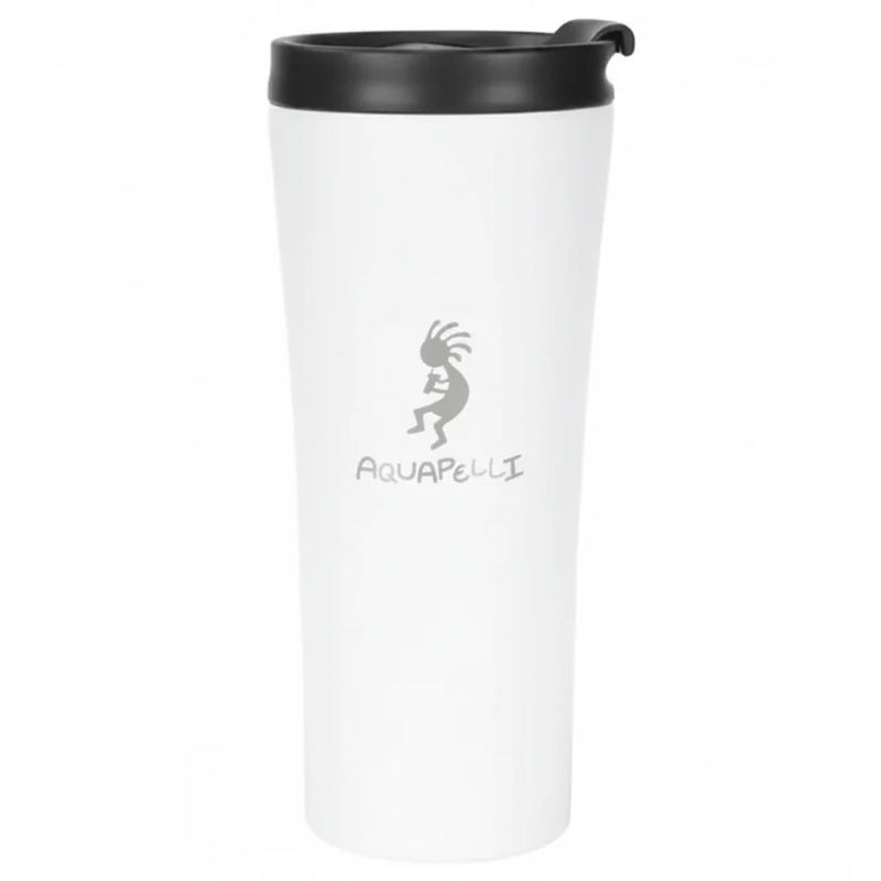 White travel mug with black lid and Aquapelli logo