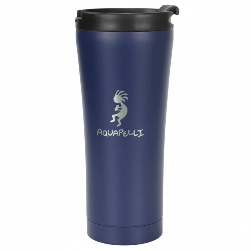 Aquapelli Kokopelli logo on a navy blue insulated tumbler with a black lid