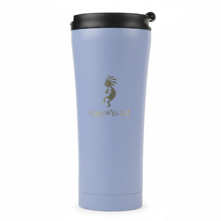 Light blue travel mug with black lid and gold Kokopelli graphic