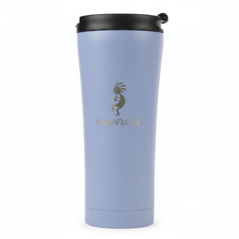 Light blue travel mug with black lid and gold Kokopelli graphic