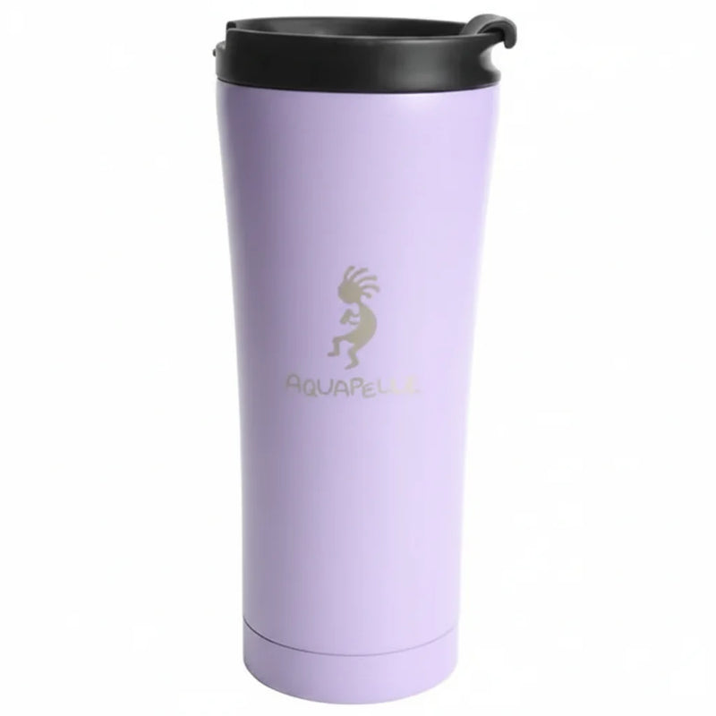 Light purple travel mug with a black lid and a Kokopelli design above the word Aquapel