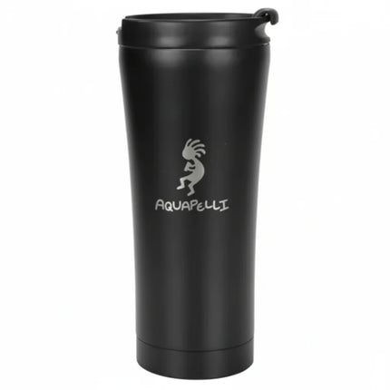 Black Aquapelli tumbler with a silver Kokopelli logo