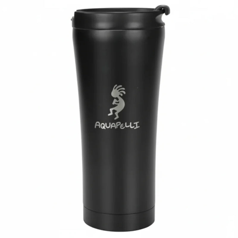 Black Aquapelli tumbler with a silver Kokopelli logo