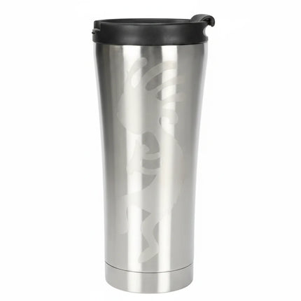 Silver tumbler with Kokopelli design