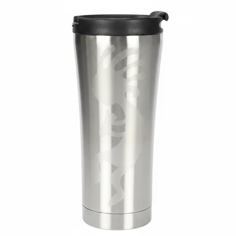 Silver tumbler with Kokopelli design