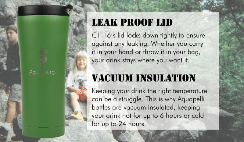 Aquapelli green insulated tumbler with leak-proof lid, text describes features
