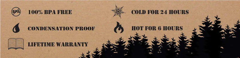 Product features: 100% BPA free, condensation proof, lifetime warranty, cold for 24 hours, hot for 6 hours