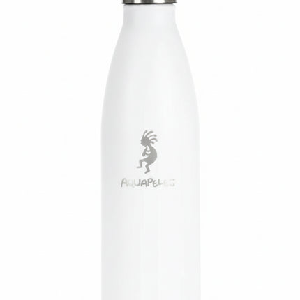 White vacuum sealed water bottle with silver cap and Kokopelli logo