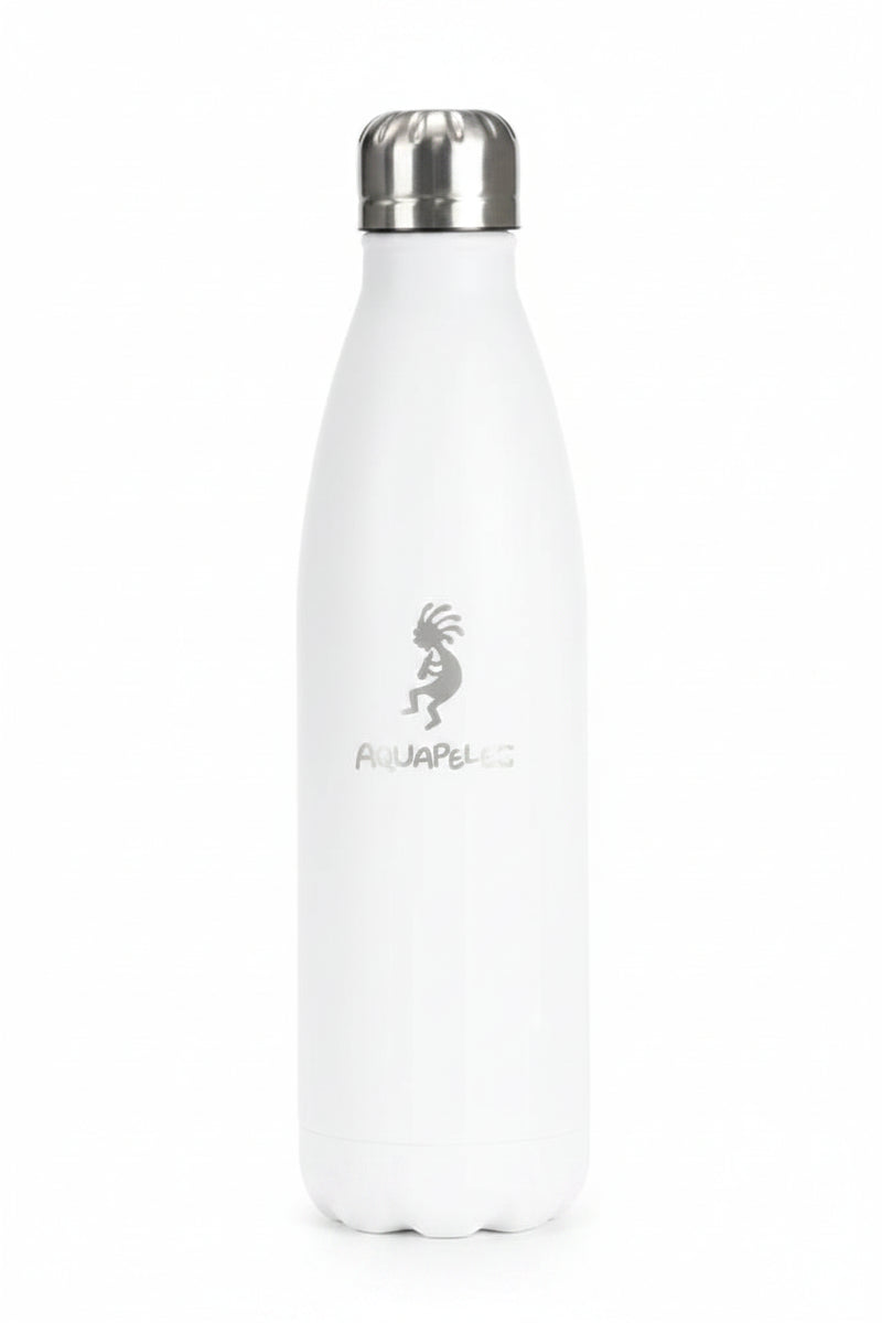 White vacuum sealed water bottle with silver cap and Kokopelli logo