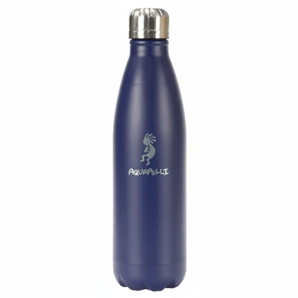 Navy blue water bottle with silver cap and Aquapelli logo