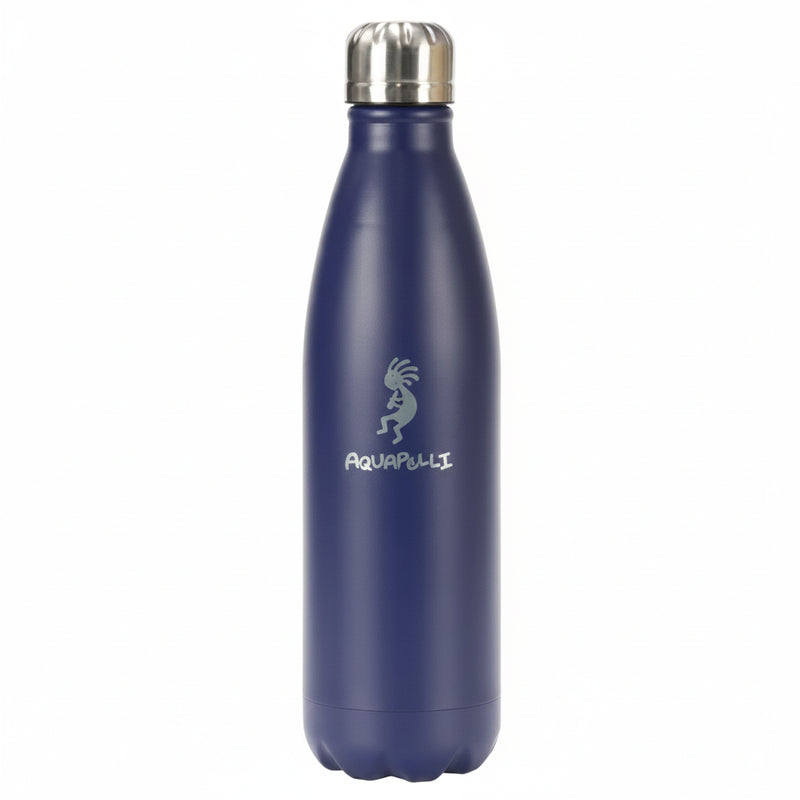 Navy blue water bottle with silver cap and Aquapelli logo