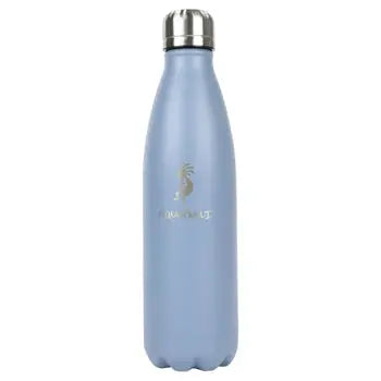 Light blue water bottle with a silver cap and a gold seahorse logo