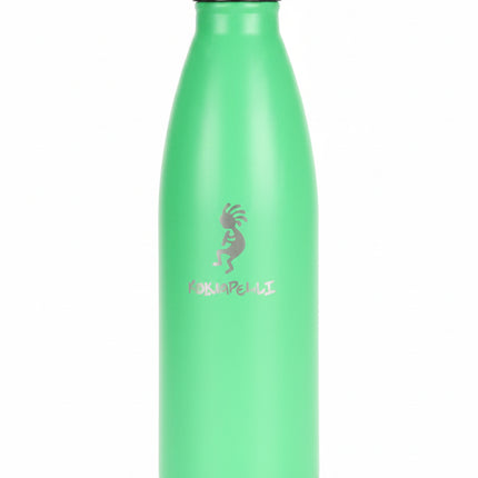 Green water bottle with a silver cap and a silver Kokopelli design