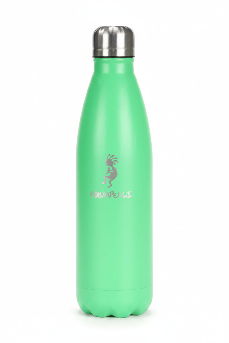 Green water bottle with a silver cap and a silver Kokopelli design