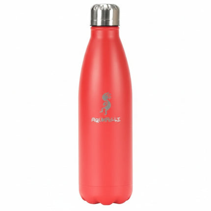 Red water bottle with a silver lid and a grey logo